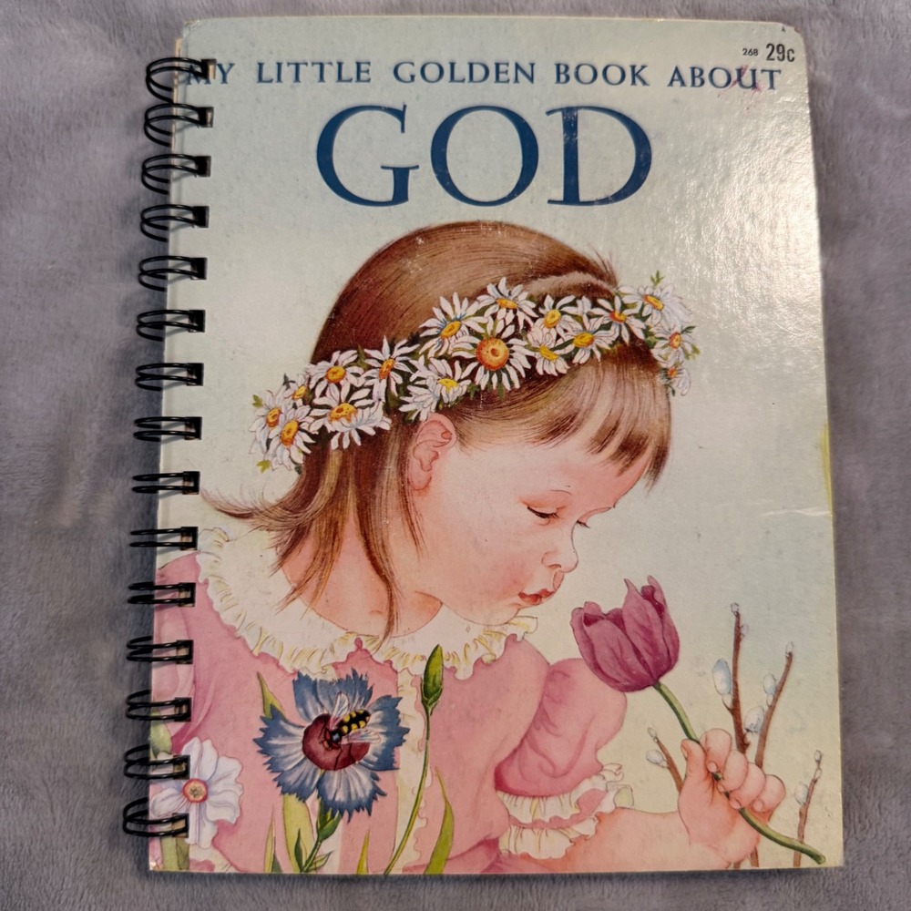 Vintage 1956 Little Golden Book About God Upcycled Spiral Journal Eloise Wilkin